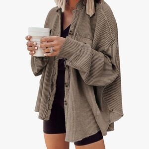 Boutique Womens Brown Oversized Waffled Shacket Jacket Large